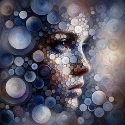 The primary subject of the image is a woman's face, which is the main focus of the image. The setting is a blue background, and the visual style is a digital art or illustration. The colors in the image are predominantly blue, creating a calm and serene atmosphere.